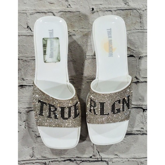 True Religion Bling Silver White Stoned Sandals Block Heels WOMENS SIZE 9 - Picture 2 of 8
